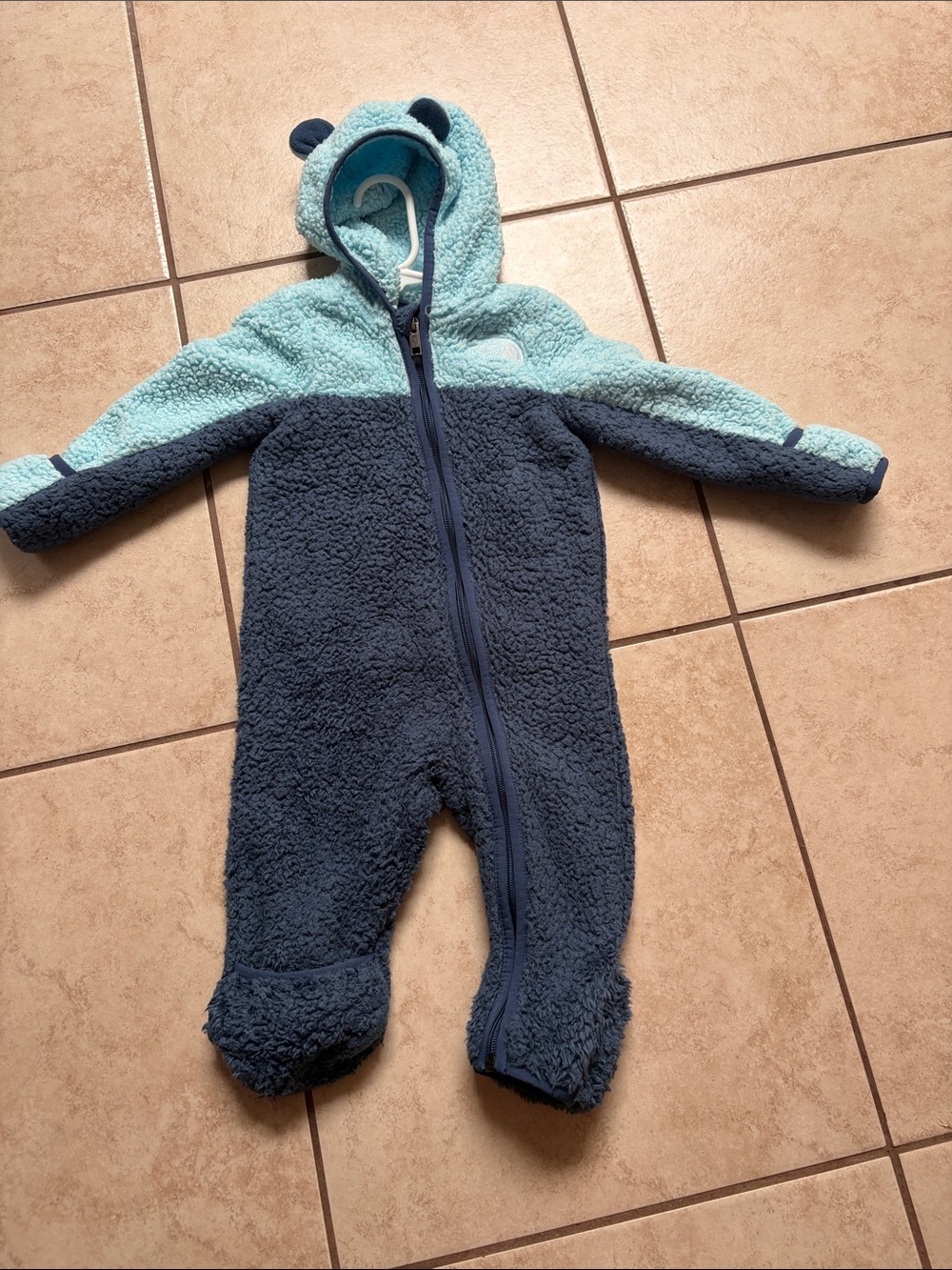 North face Light Blue and Navy Sherpa Baby One-Piece Hooded Romper